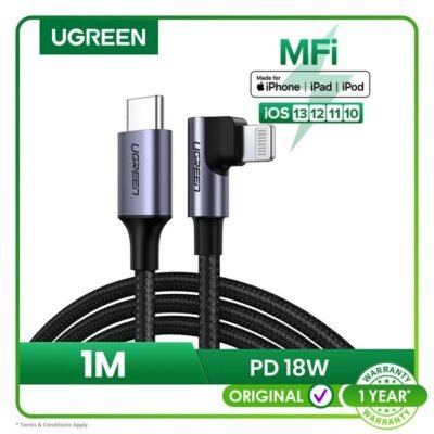 UGREEN CHARGER CABLE USB-C TO ANGLED LIGHTNING 1M 3A MFI - (60763)