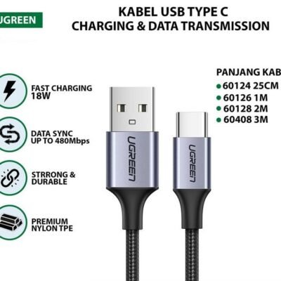 UGREEN CABLE USB-A 2.0 TYPE-C NICKLE PLATING NYLON 0.5M-2M - (60125 - 60126 - 60128)