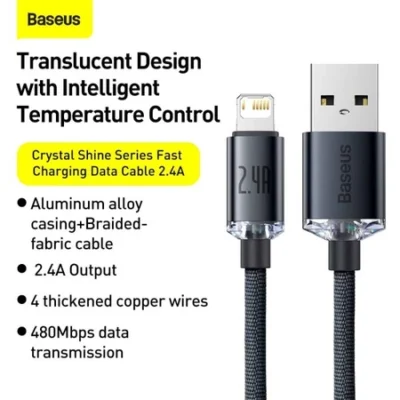 BASEUS KABEL CRYSTAL SHINE SERIES FAST CHARGING DATA USB-A TO LIGHTNING 2.4A 1.2m - (CAJY000001 / CAJY000003)
